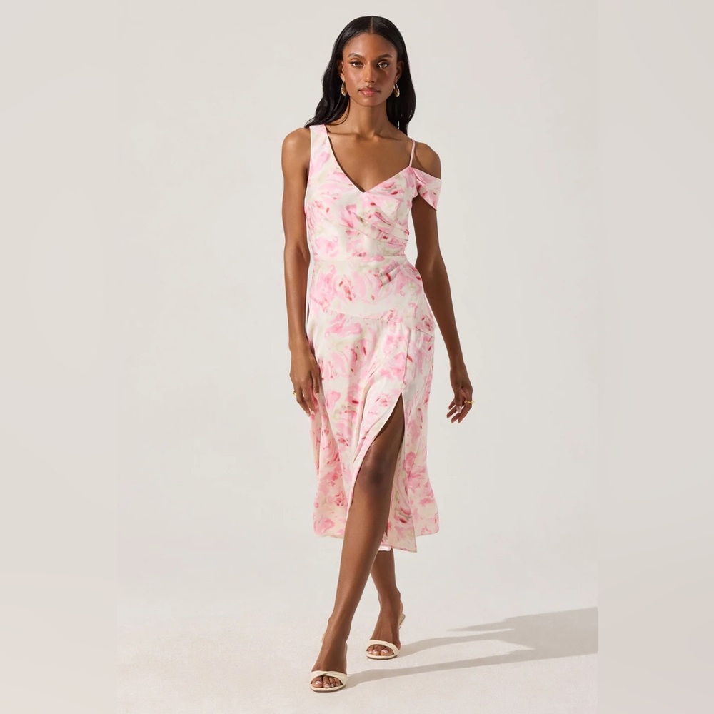 ASTR Women’s XL Pink Watercolor Asymmetric Shoulder Strap Midi Dress NEW